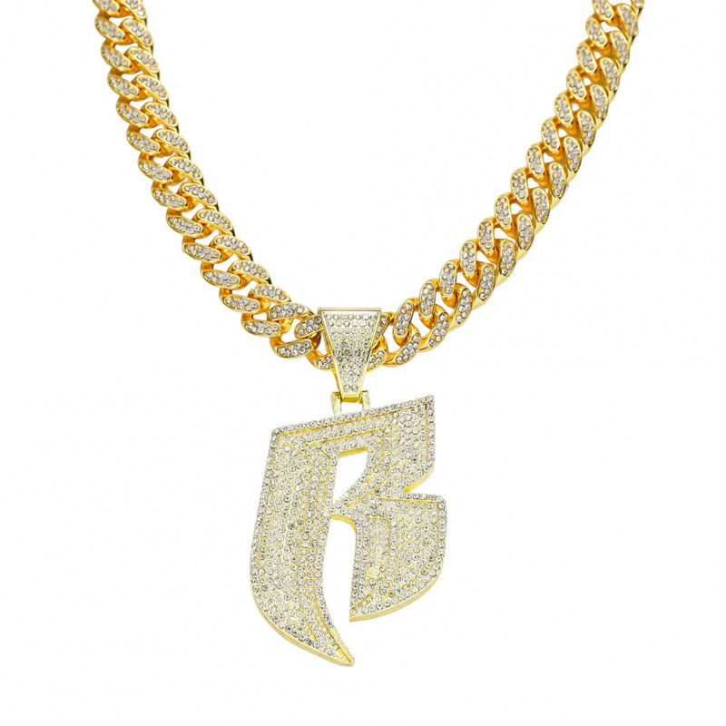 European and American Hip Hop Style Full Diamond Letter B Pendant Necklace Men's Punk Style Cuban Chain Accessories Personalized Jewelry