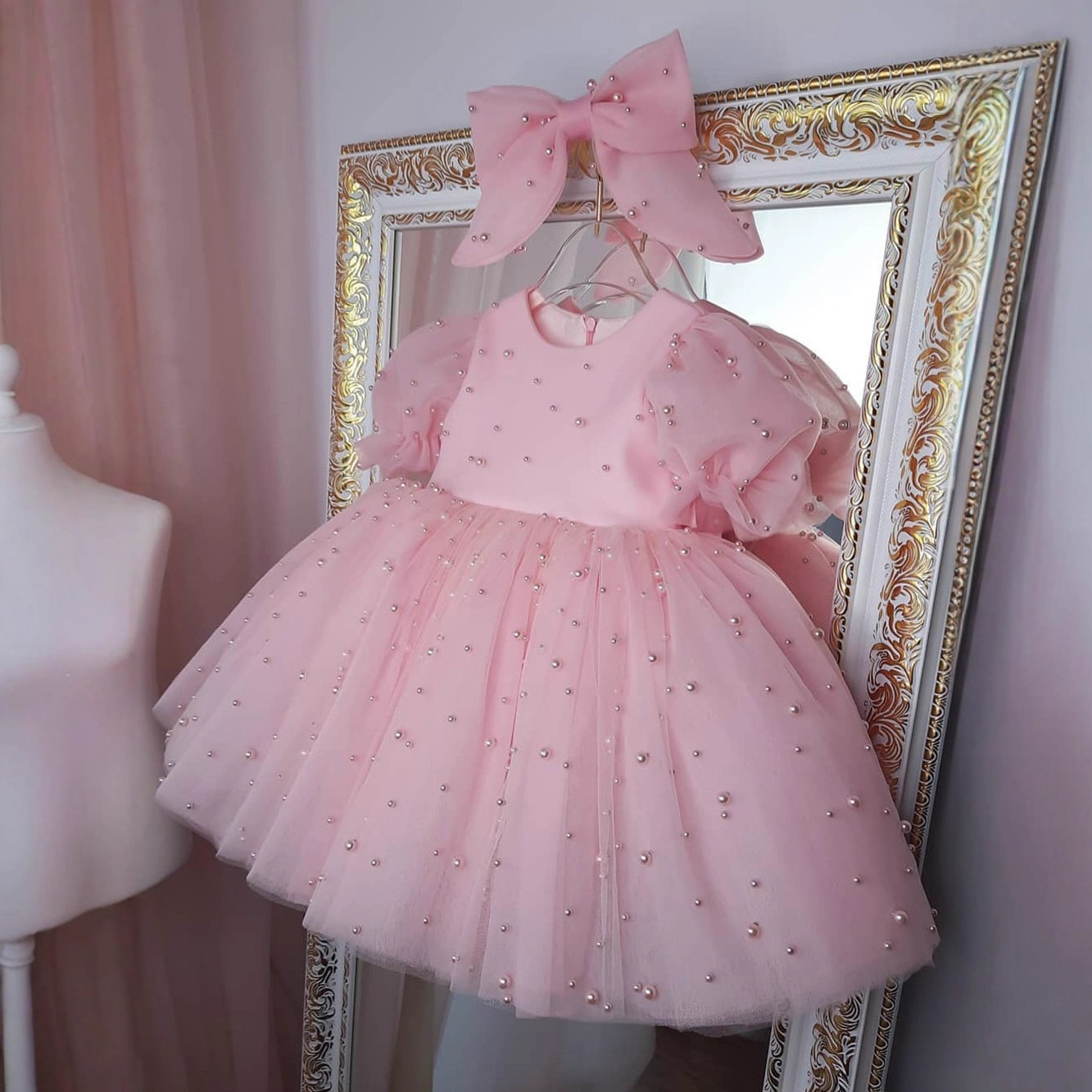 Abito da principessa in tulle per bambine – Abito da festa rosa con maniche a sbuffo per saggi, matrimoni e occasioni speciali (80-160 cm, misto lino traspirante)_voghion.com