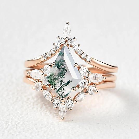 Amazon transfronteriza nuevo diamante en forma de piedra de musgo verde natural planta de agua ágata anillo de compromiso de tres piezas para mujer