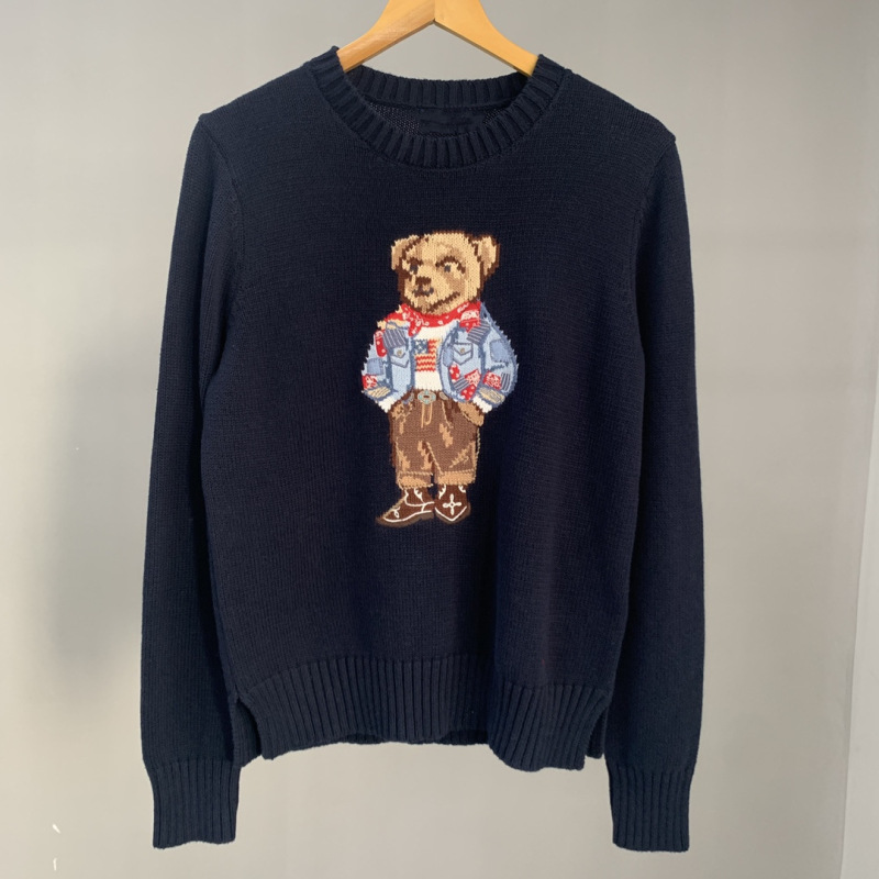 Foreign Trade Autumn and Winter Style Pure Cotton Cartoon Bear Heavy Embroidery Round Neck College Style Age-Reducing Versatile Sweater for Women A90