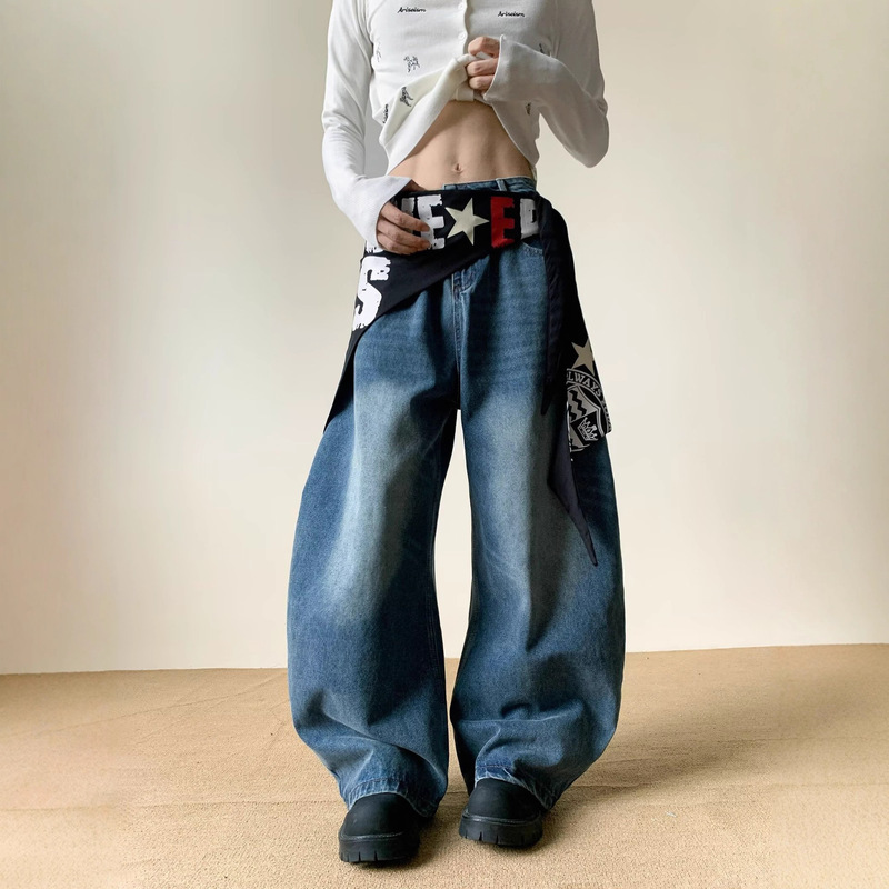 Niche Retro Detachable Butt Curtain Straps Layered Wide-Leg Jeans Men's Summer Street Hip-Hop Loose Scimitar Pants