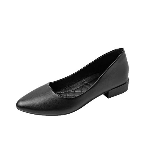 Women's New Black Summer Professional Work Shoes with Pointed Toe, Thick Heel, Leather Shoes, Soft Leather, Soft Sole, Single Shoe