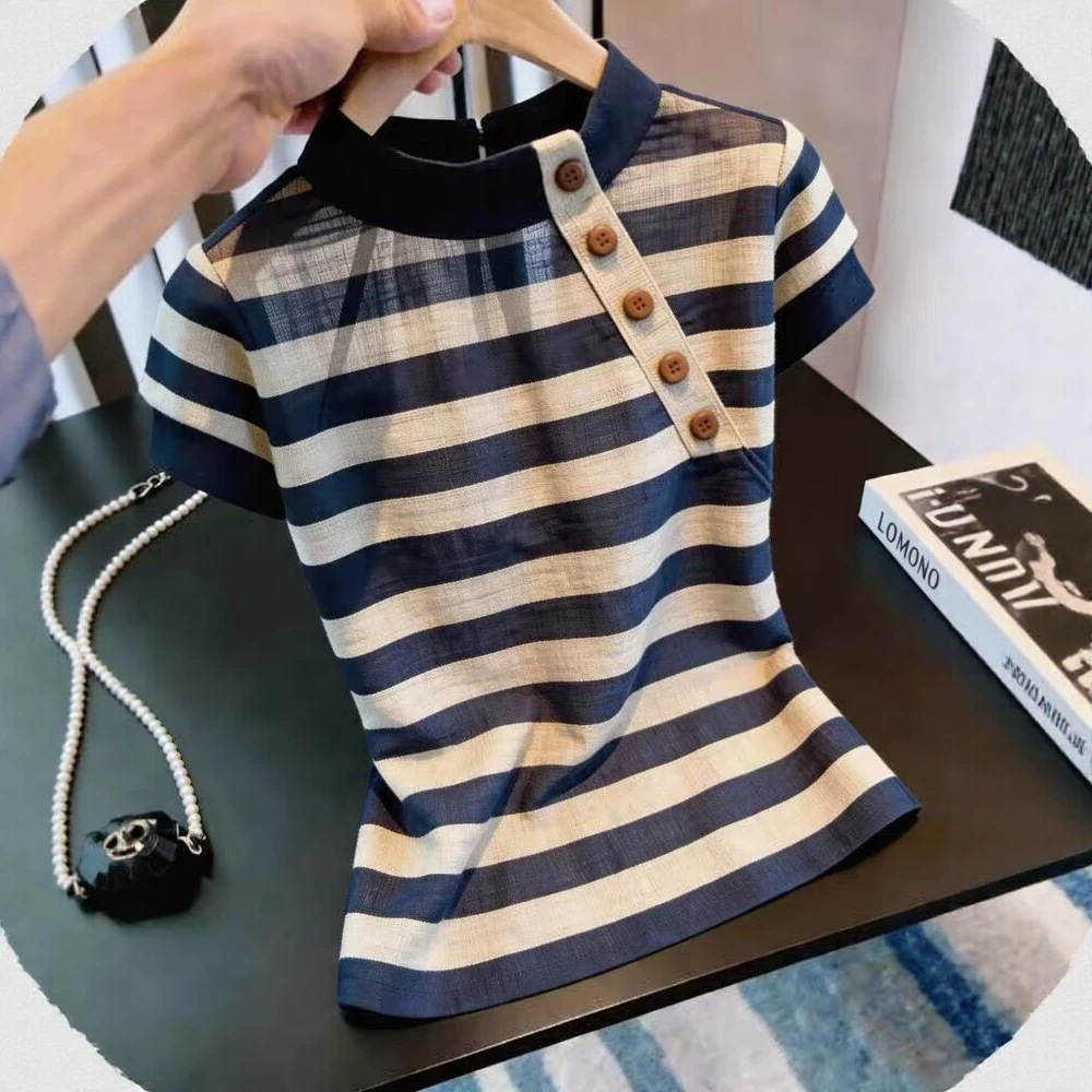 Áo thun nữ cổ tròn sọc ngang tay ngắn phong cách Hàn Quốc — sọc chi tiết 4