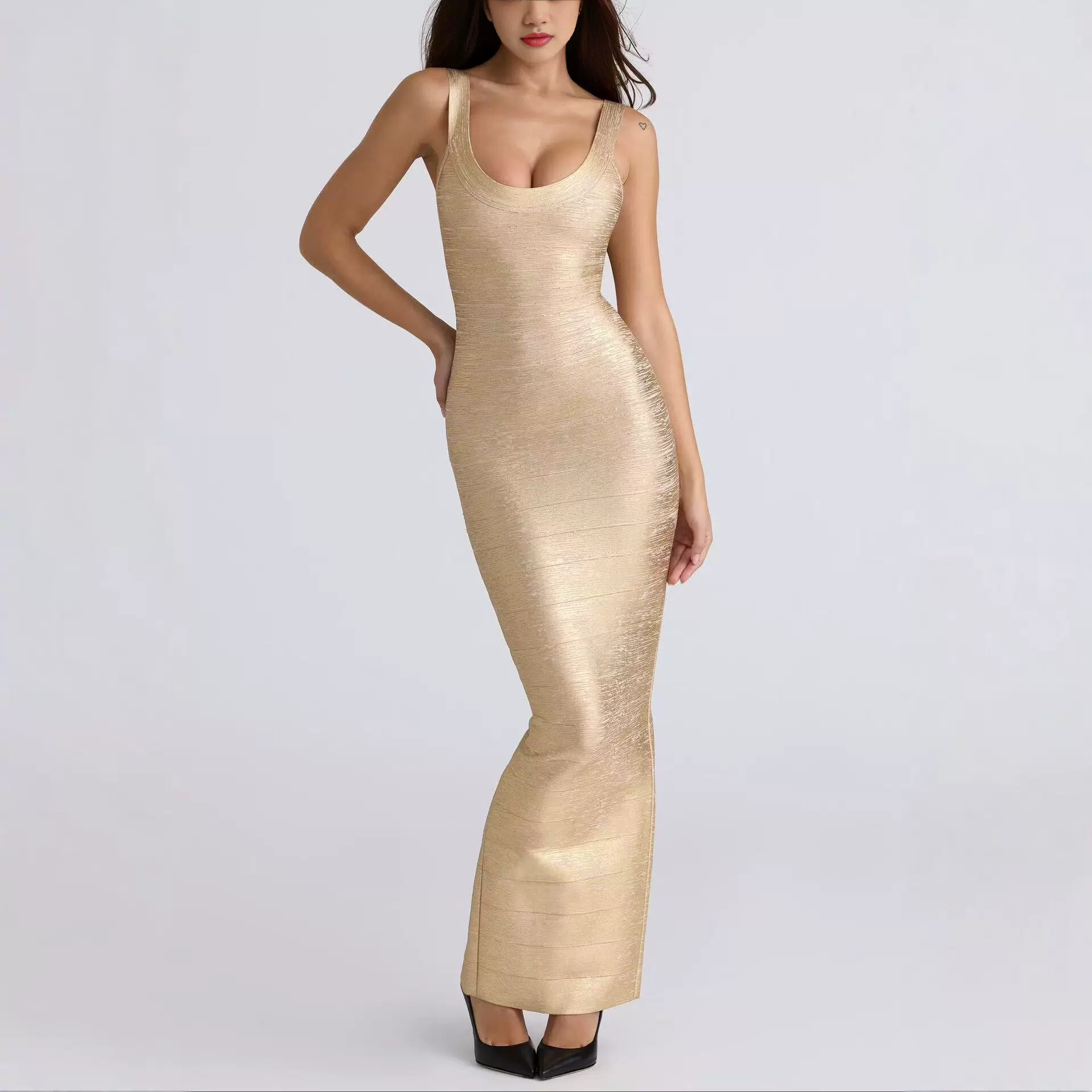 欧美时尚女装高奢烫金性感露背修身晚宴礼服裙优雅紧身包臀绷带裙