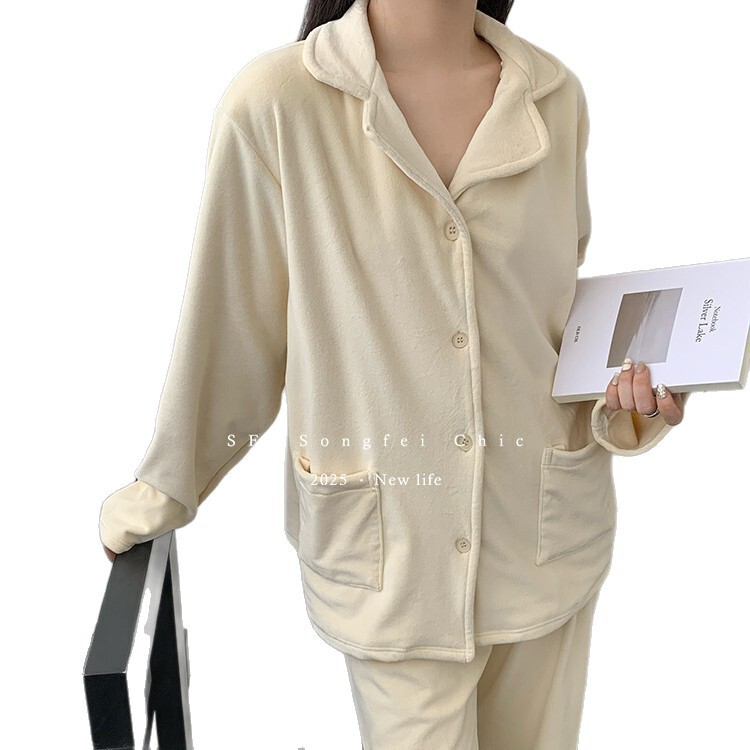 澳毛绒加厚睡衣套装冬季新款加绒保暖家居服两件套宽松翻领锁温女|undefined