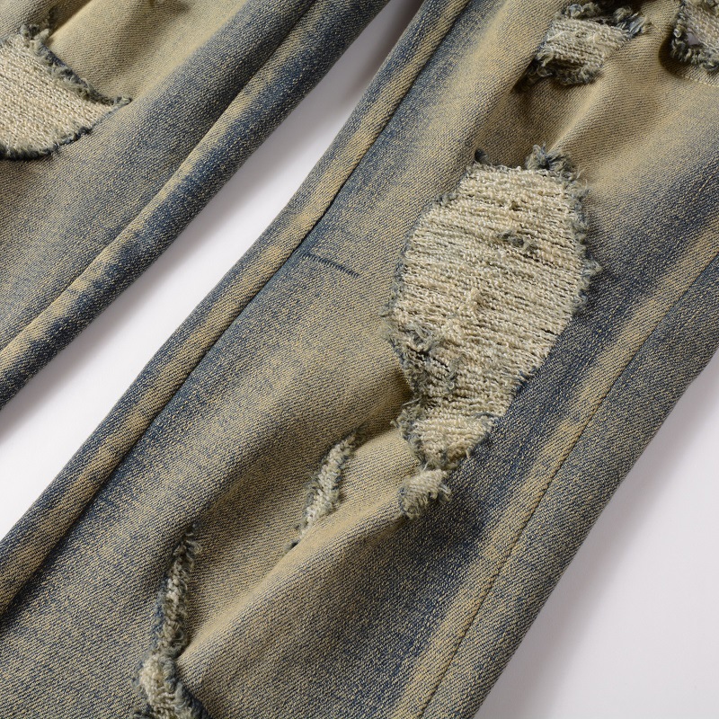Men's Clothing high street embroidered men's jeans, ripped jeans, nostalgic retro scraped denim pants #6611_voghion.com