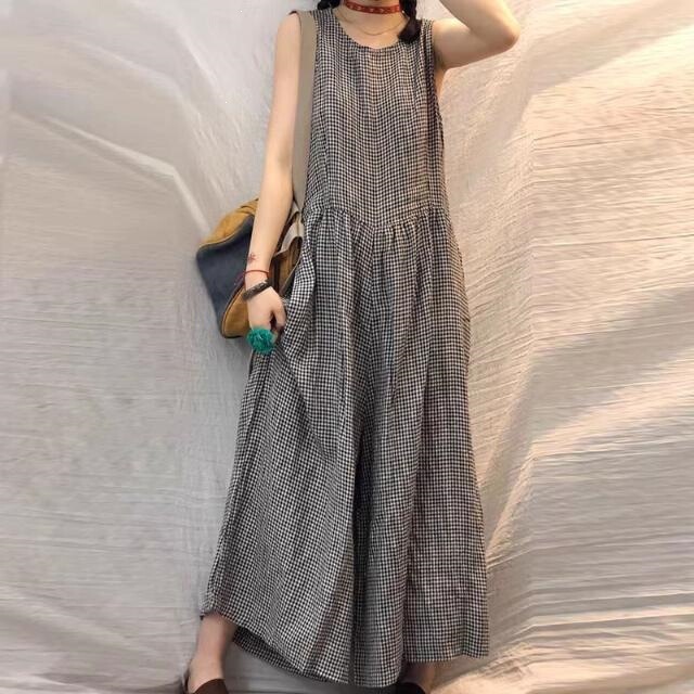 Nuanfenglai Foreign Trade Brand Women's Clothing, Cut-Label Plaid Cotton-Linen Jumpsuit, Summer Loose Plus-Size Slimming and Figure-Flattering Straight-Leg Style