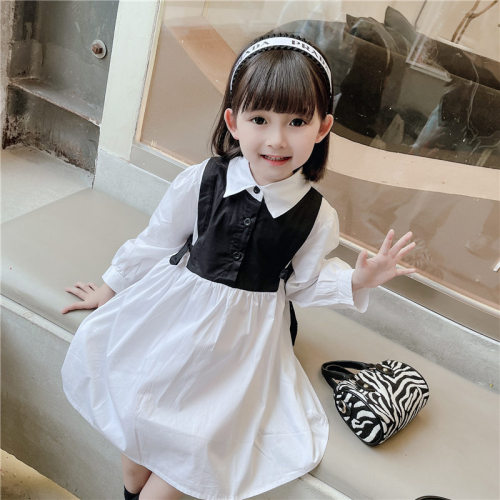Korean version  spring and autumn new style girls' temperament pearl bow tie white shirt children's fashionable vest dress trend