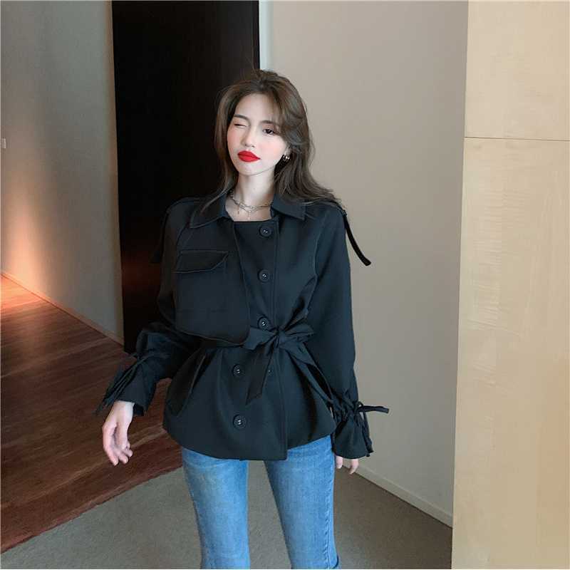 실제 사진과 실제 가격  한국 스타일 타이 허리 기질 윈드브레이커 슬림핏 패셔너블 카디건 재킷 여성용