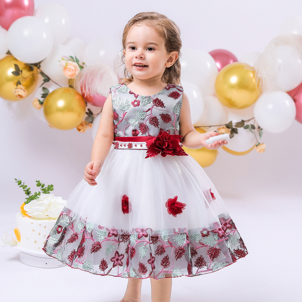 Baby Princess Dress Red Silver Floral Embroidery Machine Washable