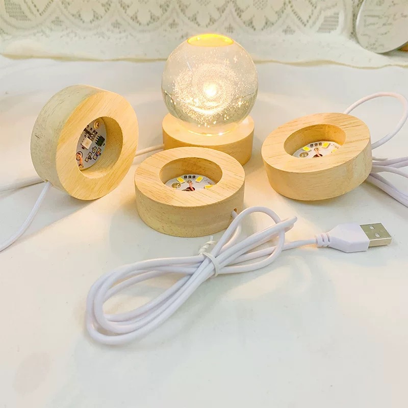 Gerçek Ağaçtan Işılı Tabanı USB Mini Gece Lambası 6cm Kauçuk Ağacı Oval Lamba Tabanı Yedi Renkli Degrade