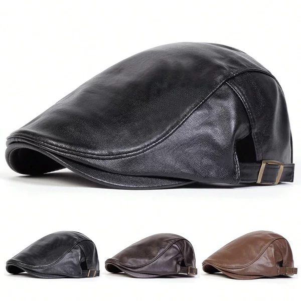 Pu Leather Hat Wholesale Korean Style Beret Men's Forward Hat British Women's Hat Spring Autumn Winter Duck Tongue Leather Hat Trendy