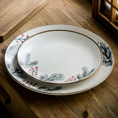 中古風手繪浮雕大盤陶瓷沙拉盤甜品盤復古家用菜盤牛排盤批發微瑕