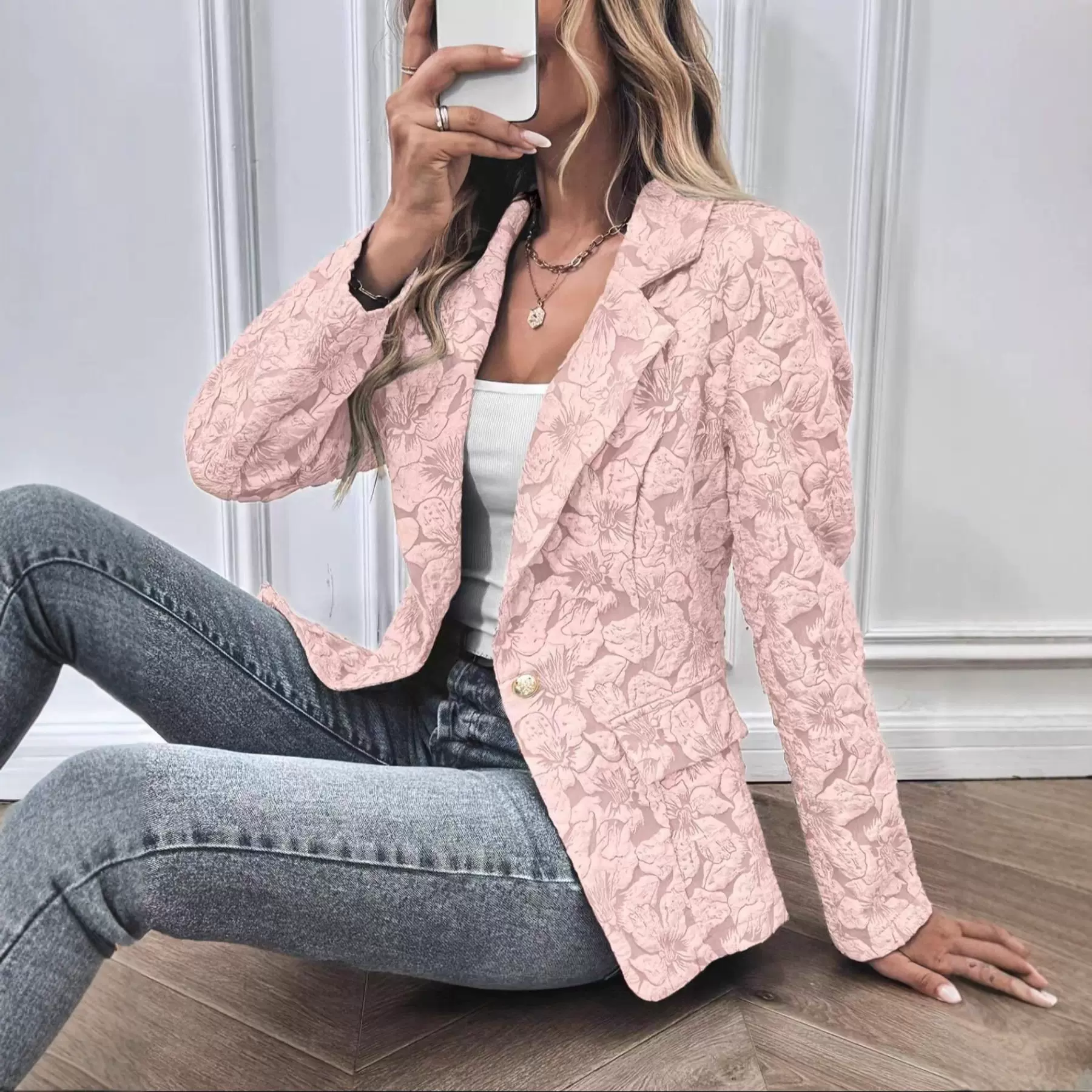 时尚休闲女士春秋短外套跨境女装SHEIN热卖复古百合提花修身西装