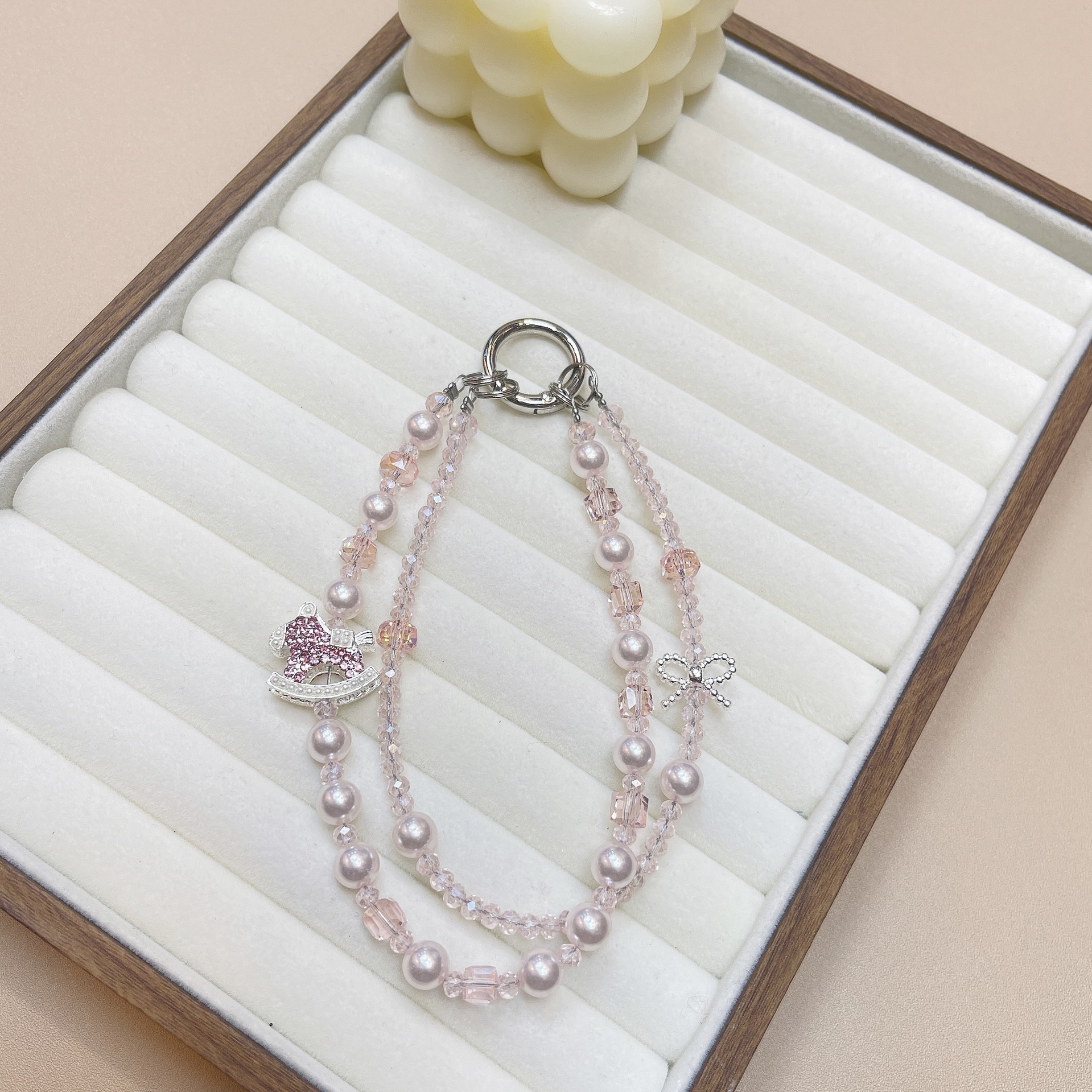 Ins viento hecho a mano perla de doble cadena para teléfono móvil cordón creativo pedrería troyano colgante muñeca cristal de una pieza