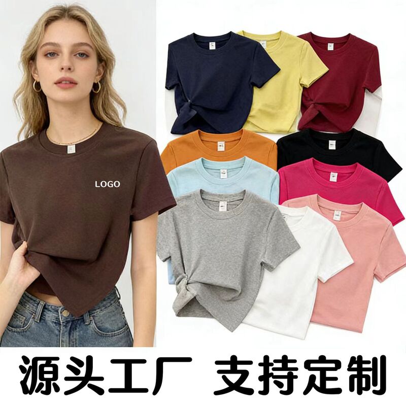 220g 40-Count Ribbed 92% Cotton 8% Spandex Round Neck Slim Fit Hot Girl Style Regular Shoulder Short Sleeve T-Shirt Custom Logo Printing