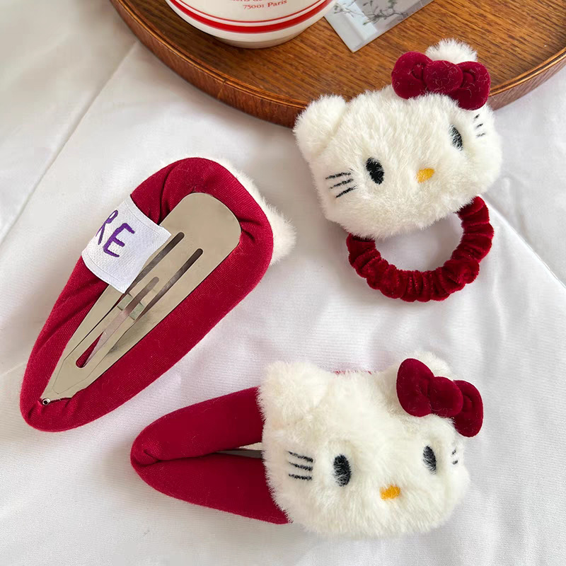 可爱毛绒Kitty猫咪发圈蝴蝶结发夹甜美少女刘海BB夹扎头卡通发饰|undefined