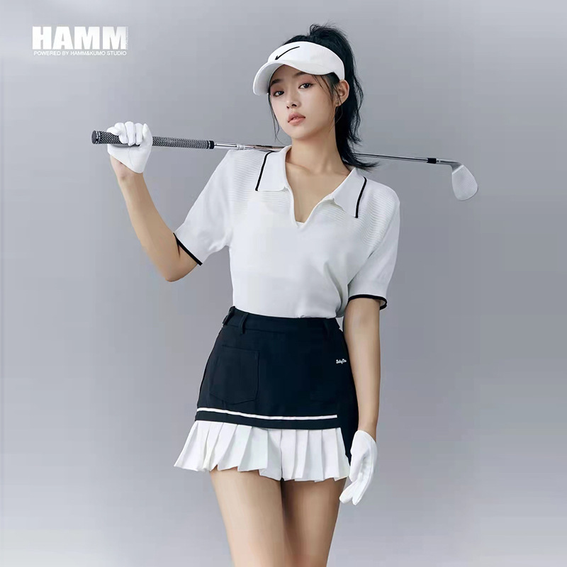 Korean Style Golf Clothing Women's Suit Summer Ice Silk White Short-Sleeved Polo Shirt Golf Quick-Drying Pleated Skirt