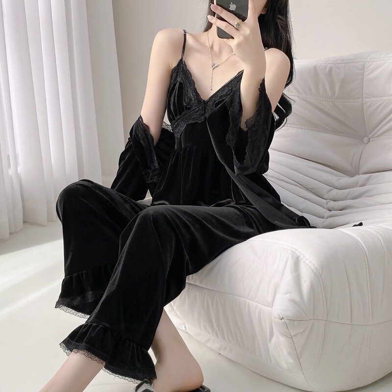 Gold Velvet Pure Lust Sexy Lace Suspender Breast Pad Three-Piece Suit Pajamas Spring and Autum Comfortable Home Wear Nightgown