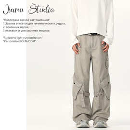 JIAMU秋冬美式baggy中性工装裤男女直筒休闲拼接口袋cargo pants