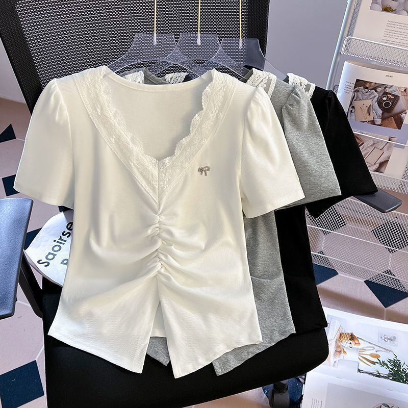 Plus Size Lace Splicing V Neck Short-Sleeved T-Shirt for Women 2025 Summer New Korean Style Loose Slimming Look and Flesh-Covering Fashion Top