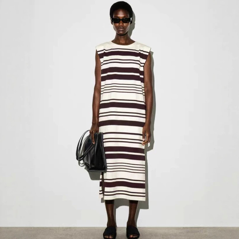Cos Style Women's Clothing Mall Same Model Standard Version Drop Shoulder Mid-Length Dress 2026 Summer New Striped Design