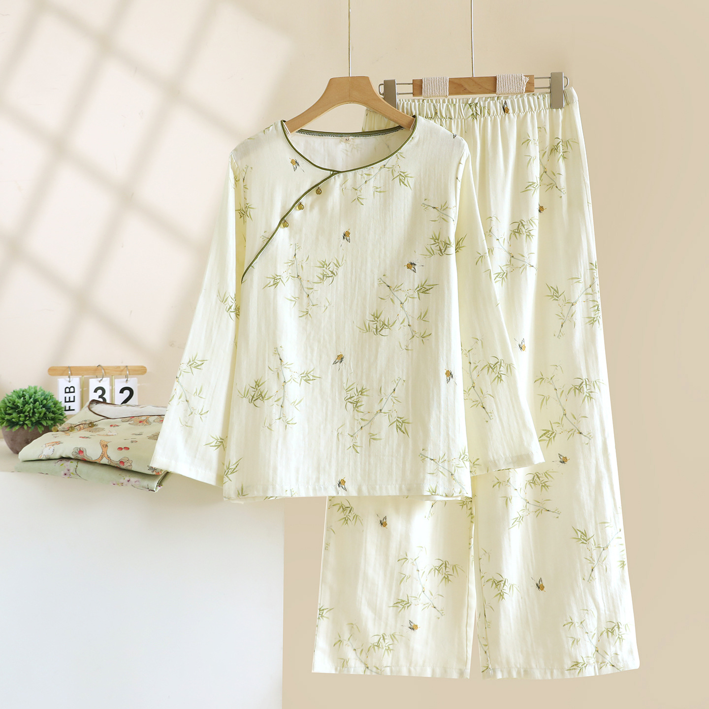 2026 Frühjahr/Sommer Neues Damen-Pyjama-Set 100% Baumwollgaze Chinesischer Stil Rundhals Dünne Ärmel Lange Hose Lose Hauskleidung – Detail 7