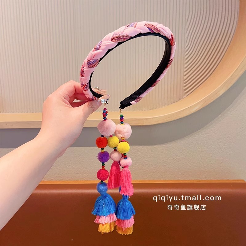 子供のレトロ人気のヘアプレスヘッドバンドヘアバンド女の子のエスニックスタイルのヘアアクセサリー 2025 新しいファーボールタッセルヘッドバンド女性|undefined