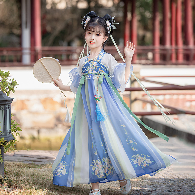hanfu dress short Girls kids fairy hanfu girls tang suit embroidery han tang song ming  cosplay princess dress Chinese wind Ru fairy short-sleeved dress skirt
