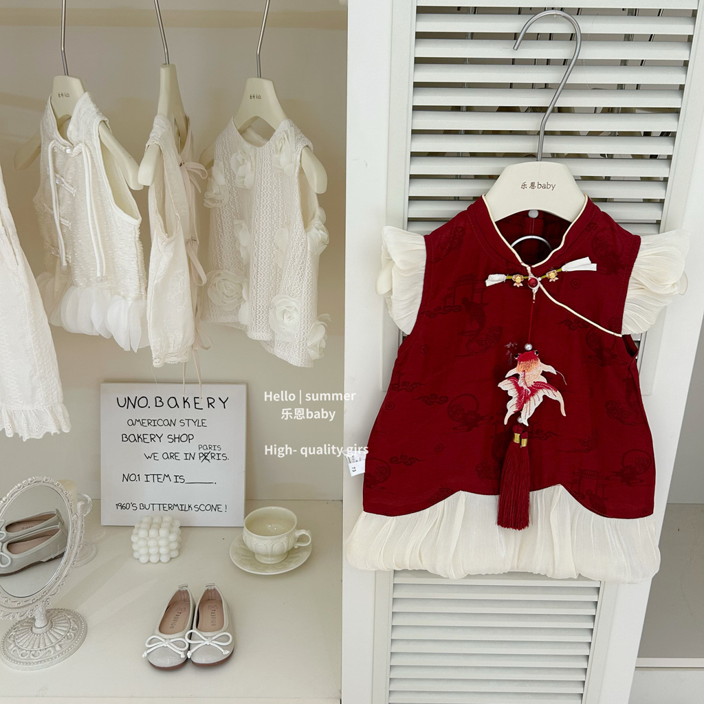 [Le En baby] Verano para niñas Nueva falda de chaleco de estilo nacional rojo chino Vestido de malla Vestido de bebé de estilo occidental