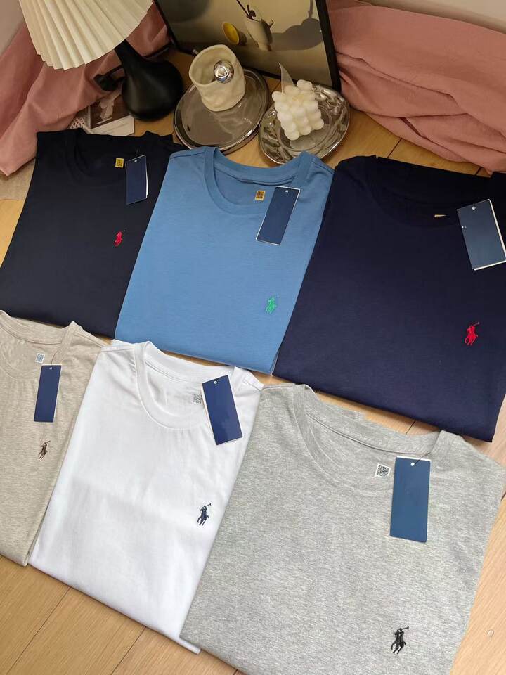 Áo thun nam cổ tròn tay ngắn thêu hình ngựa nhỏ, form rộng, chất cotton mỏng nhẹ — Màu trắng, Màu xanh tím than, Màu yến mạch, màu xám