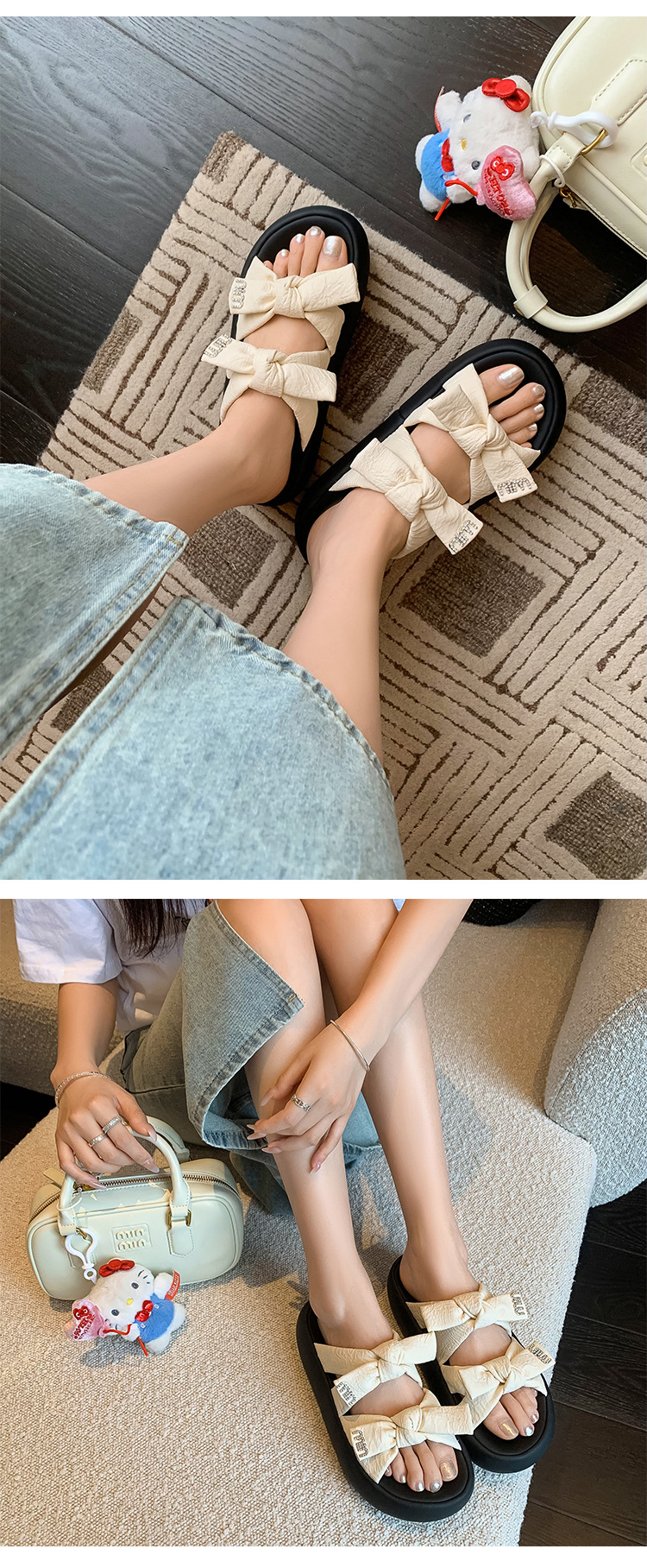 Dép sandal nữ quai chữ V đế dày nơ bướm phong cách bánh mì mềm mại — Màu trắng be, Màu vàng chi tiết 17