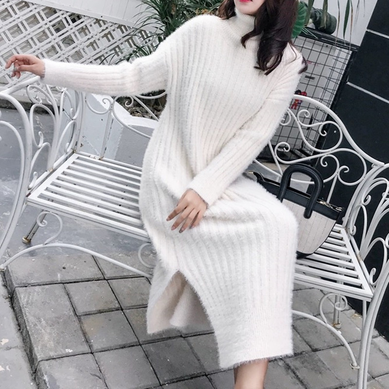 Autumn and Winter New Imitation Mink Velvet Turtleneck Turtleneck Sweater Fashionable Elegant Knitted Base Skirt Long Split dress Women