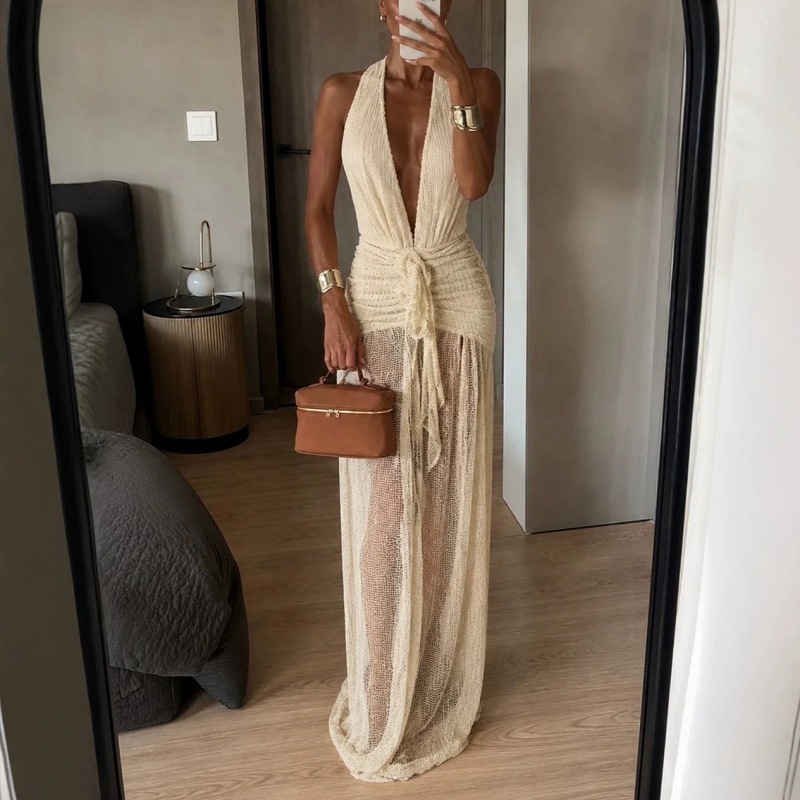 2026 New Summer Slim-Fit Hot Girl Cream-Colored Crochet Strap Tie Mid-Length Dress 2026 New Summer Slim-Fit Hot Girl Cream-Colored Crochet Strap Tie Mid-Length Dress