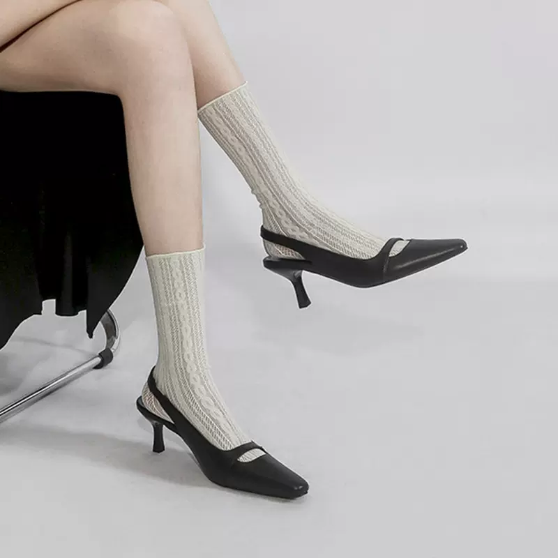 黑色高跟鞋设计感小众镂空韩系千金学院风后空细跟包头凉鞋女夏季