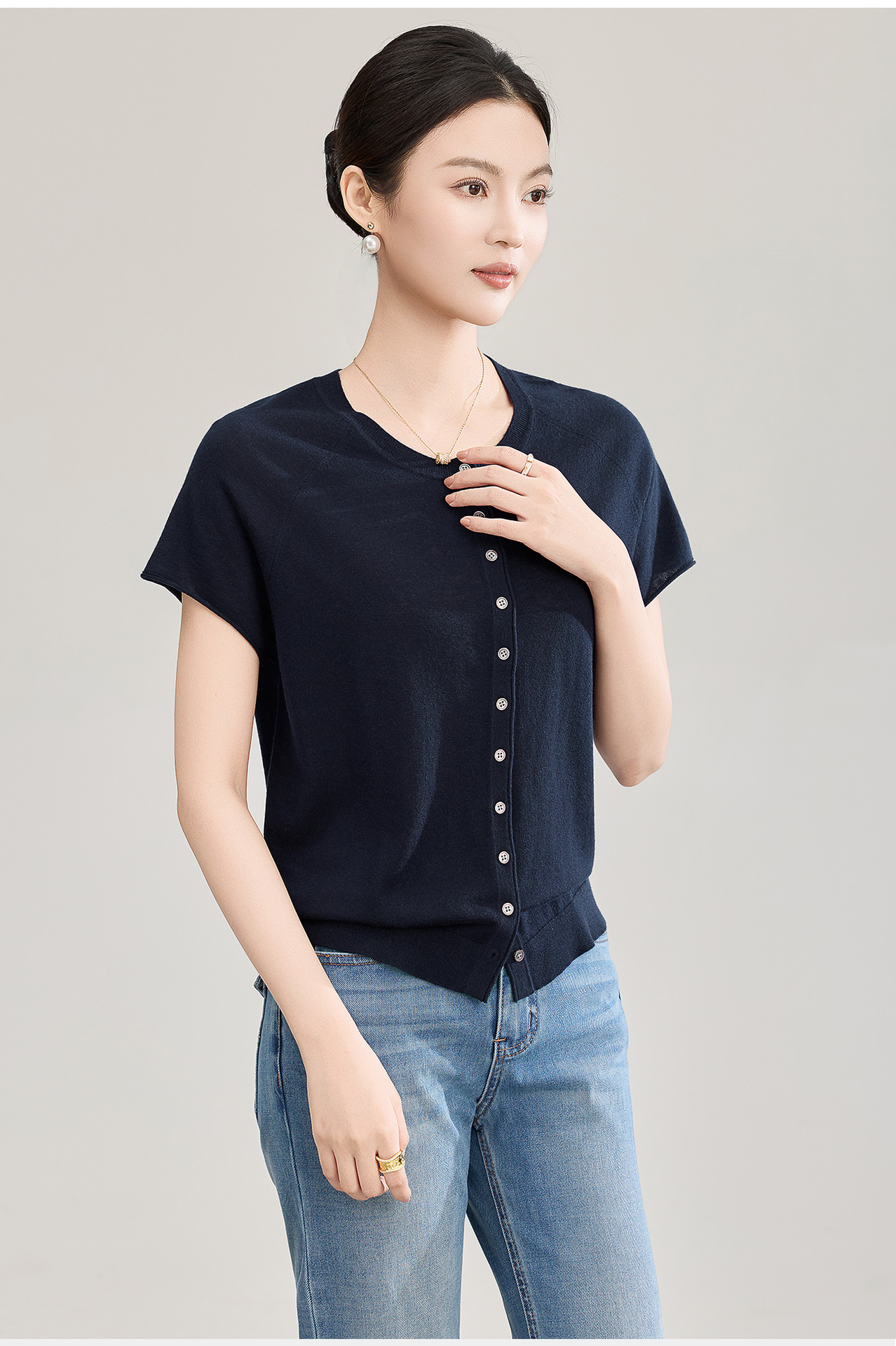 Áo cardigan len nhỏ tay ngắn dáng rộng phong cách lười biếng — màu xanh navy chi tiết 9