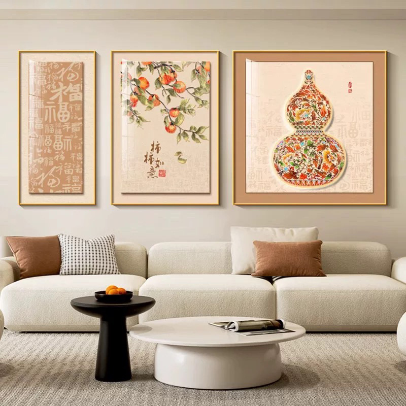 Fulu Living Room Decorative Painting, Antique-Style Sofa Background Wall, Crystal Porcelain Mural, Triptych Hanging Painting, Study Room, New Chinese Style, Light Luxury Fulu Living Room Decorative Painting, Antique-Style Sofa Background Wall, Crystal Porcelain Mural, Triptych Hanging Painting, Study Room, New Chinese Style, Light Luxury