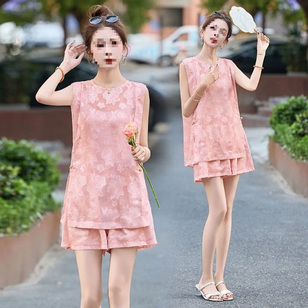 Bộ quần short áo không tay nữ phong cách quốc phong mới 2026 — Bộ màu xanh lá cây nhạt, Bộ màu hồng nhạt chi tiết 3