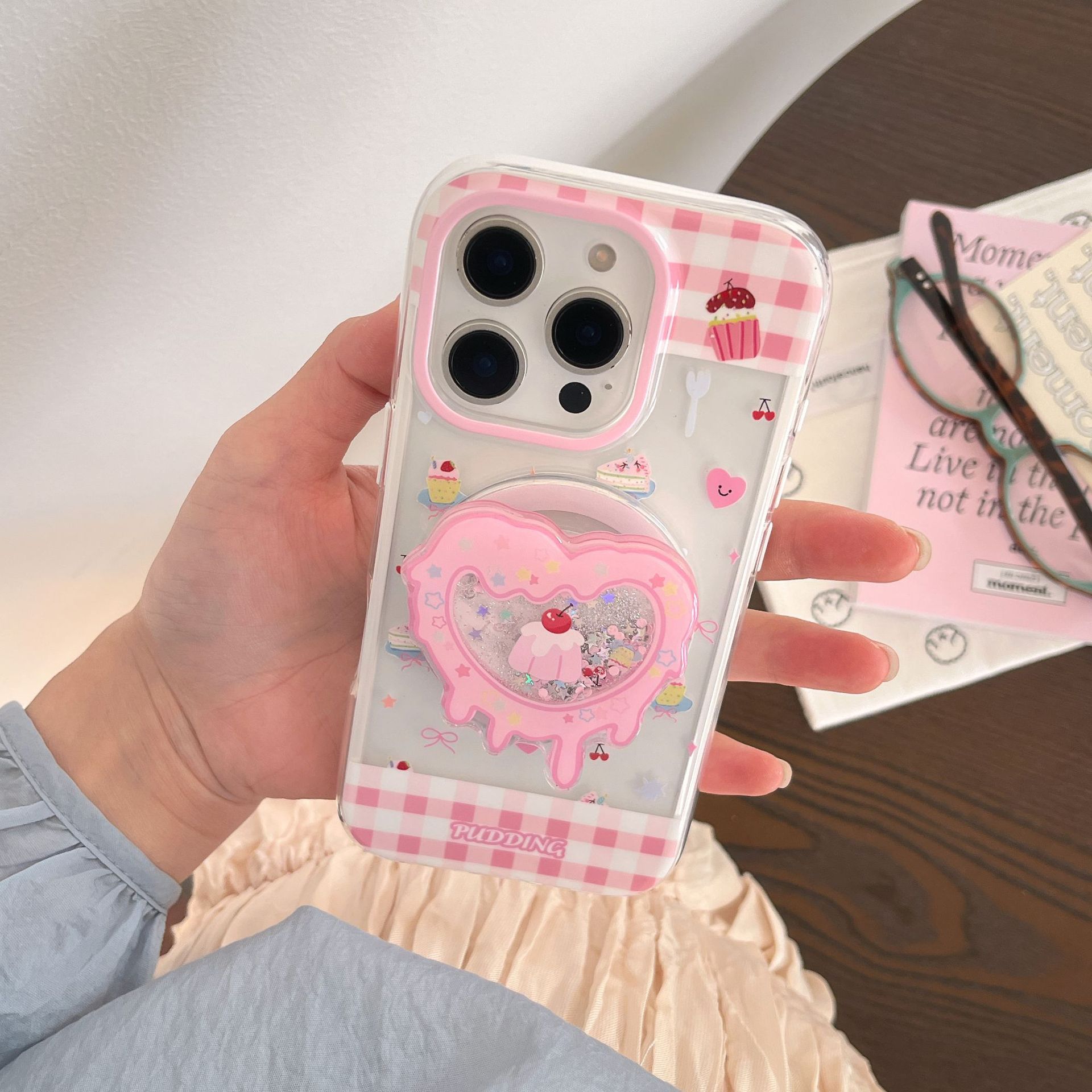 Postre de costura de cuadros en polvo de dibujos animados para Apple 16ProMax funda para teléfono móvil 15Pro transparente 14/13 magnético 16