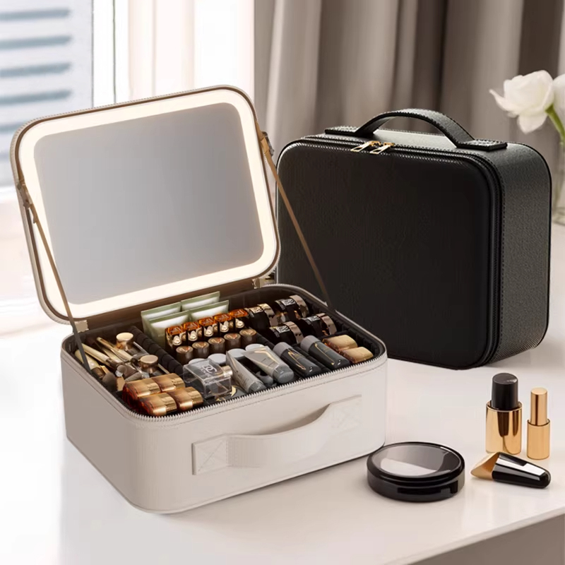 High-End Makeup Box with Light, Mirror, and Three-Color Led Lights, New Portable Travel Large-Capacity Storage Bag for Women