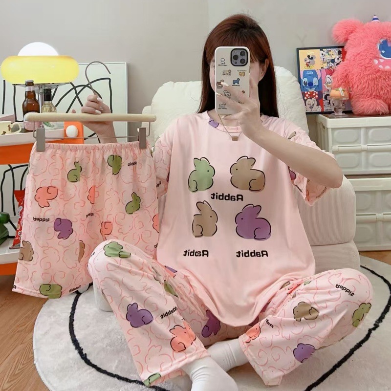 Pijamas de verano transfronterizos pijamas de leche de seda de tres piezas set de dibujos animados comercio exterior ropa para el hogar pantalones de mangas cortas lindos