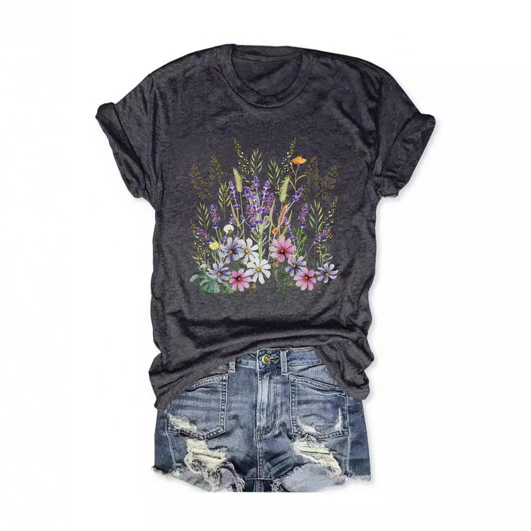 Amazon Europe and the United States summer women's plant flower pattern printing round neck short sleeve casual fashion foreign trade explosion T-shirt