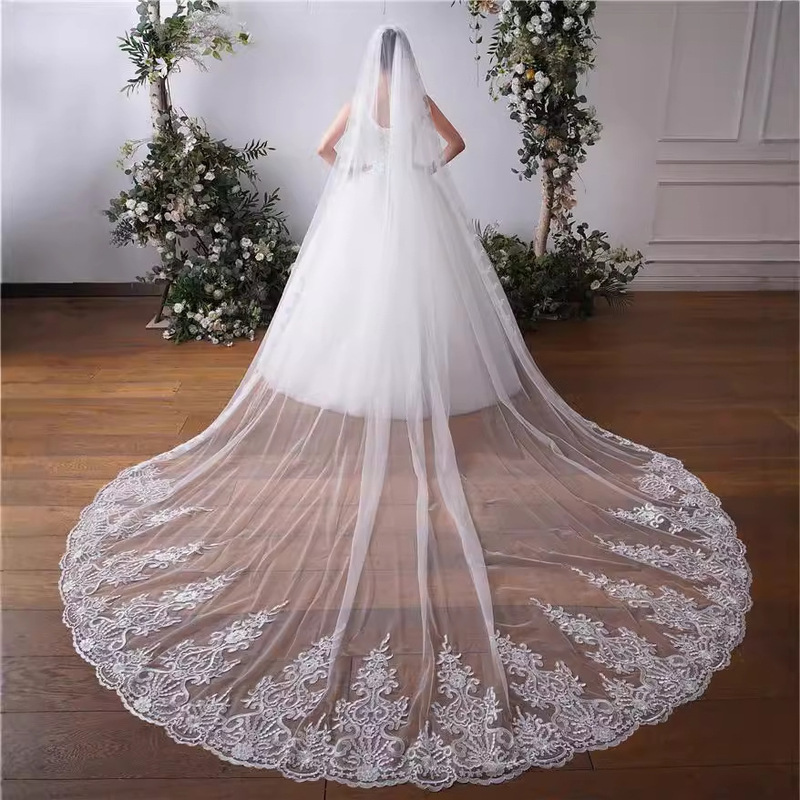 Large Trailing Ivory Pure White 3.5 m Long Lace Row Flower Bridal Veil X49 New Four Seasons Hong Ling Veil Large Trailing Ivory Pure White 3.5 m Long Lace Row Flower Bridal Veil X49 New Four Seasons Hong Ling Veil