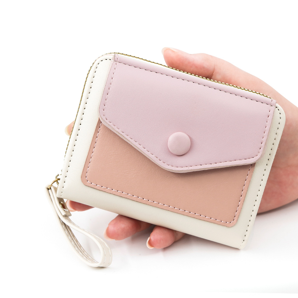 Cartera corta de mujer fresca y simple pu color contrapeso bolsa de tarjetas de órgano macarón bolsa de mano bolsa de cambio bolsa de cremallera