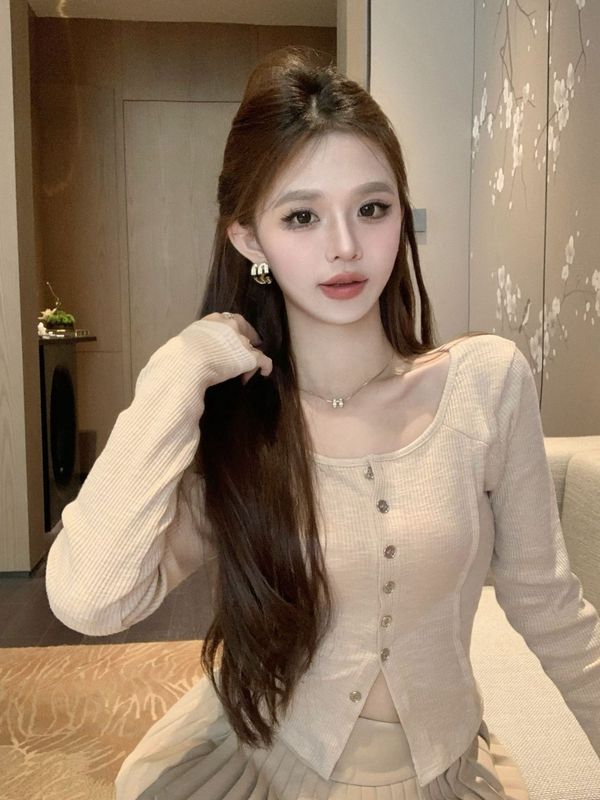 【工厂现货】竹节棉绿色长袖T恤女秋冬纯欲修身短上衣内搭打底衫|undefined