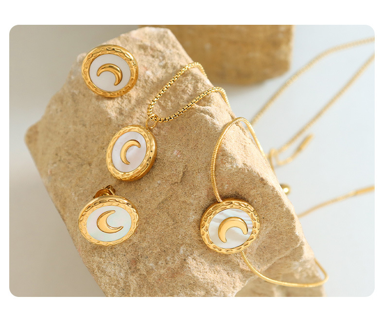 Retro Round Moon Titanium Steel Inlay Shell Bracelets Earrings Necklace