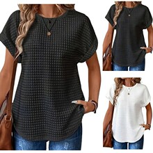 2025欧美跨境新款 纯色宽松圆领蝙蝠袖短袖套头休闲风纹理T恤衫女