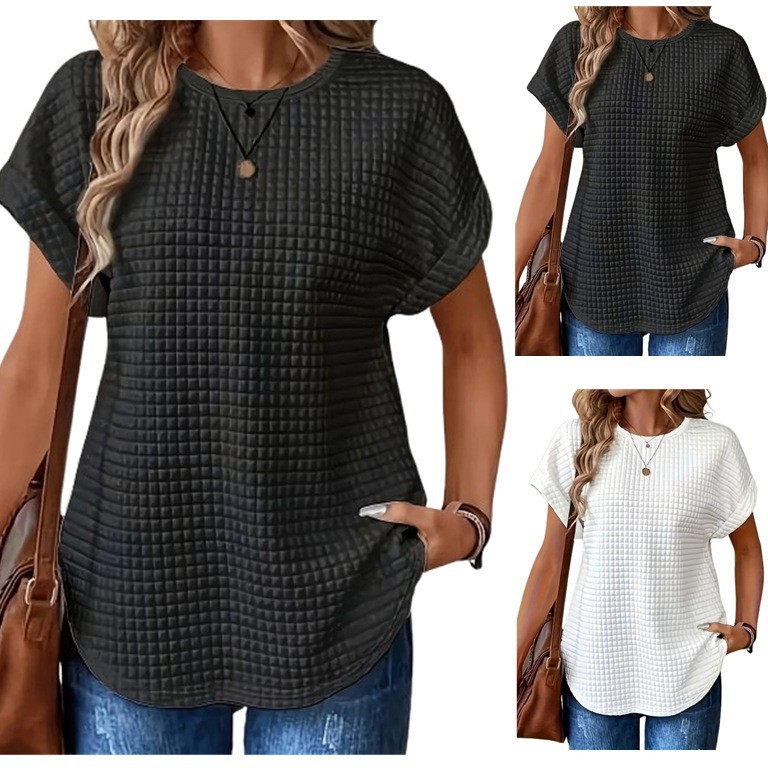2025欧美跨境新款 纯色宽松圆领蝙蝠袖短袖套头休闲风纹理T恤衫女
