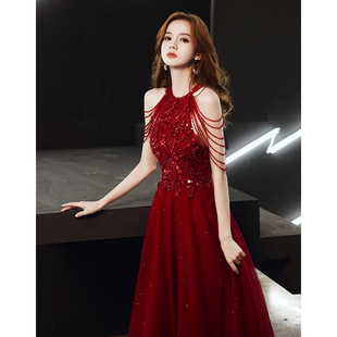Toast Wear Bride 2025 New Wedding Burgundy Halter Sexy High-End Evening Dress Women's High-End Gauze Skirt