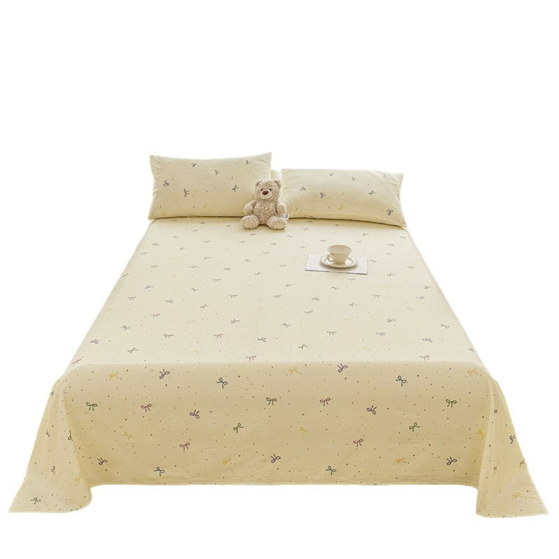 Juego de sábanas de algodón lavado de tres piezas: Sábana de gasa de doble capa Clase A, funda de almohada y sábana individual para dormitorio de estudiantes de verano.